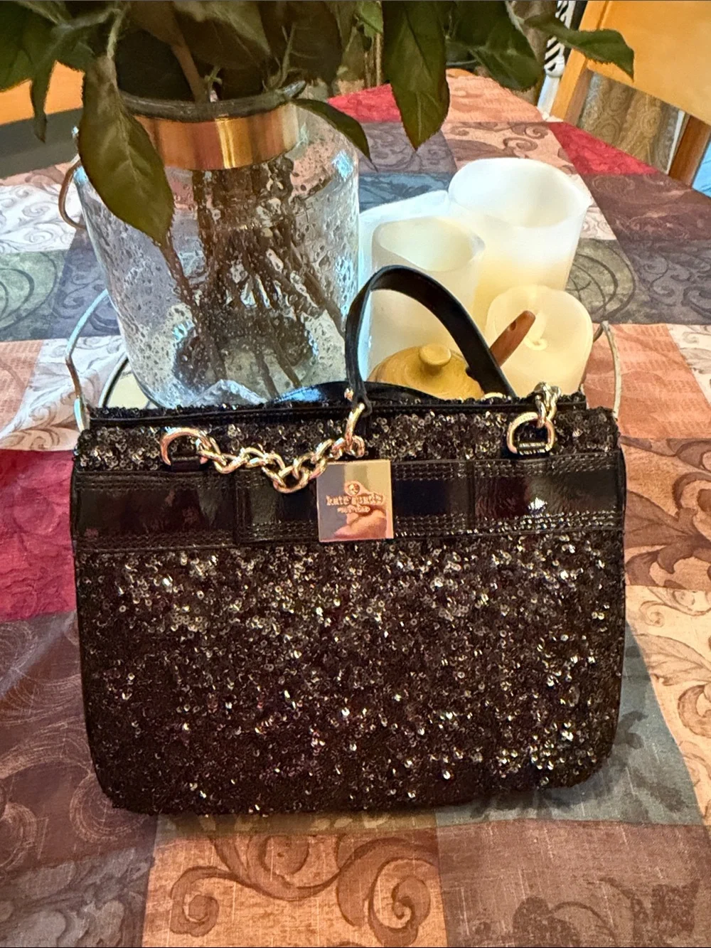 kate spade black sequin satchel with gold chain trim
